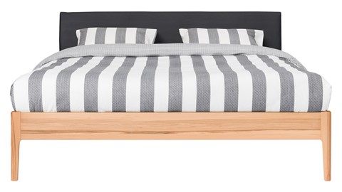 Bed Sky beuken met hoofdbord stof en poot hout, beuken lederlook zwart