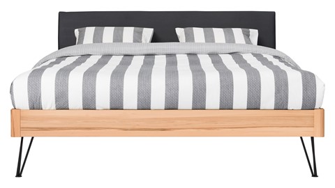 Bed Sky beuken met hoofdbord stof en poot driehoek, beuk lederlook zwart