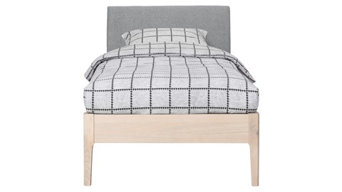 Bed Sky eiken met hoofdbord stof en poot hout, eiken stof basalt