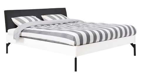 Bed Sky beuken met hoofdbord stof en poot metaal, wit lederlook zwart