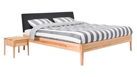 Bed Sky beuken met hoofdbord stof en poot hout, beuken lederlook zwart