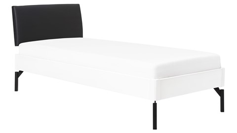 Bed Sky beuken met hoofdbord stof en poot metaal, wit lederlook zwart