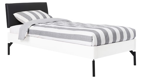 Bed Sky beuken met hoofdbord stof en poot metaal, wit lederlook zwart