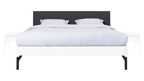 Bed Sky beuken met hoofdbord gecapitonneerd en poot metaal, wit stof grijs