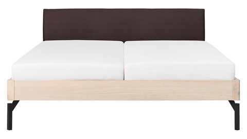 Bed Sky eiken met hoofdbord stof en poot metaal, eiken lederlook grijs