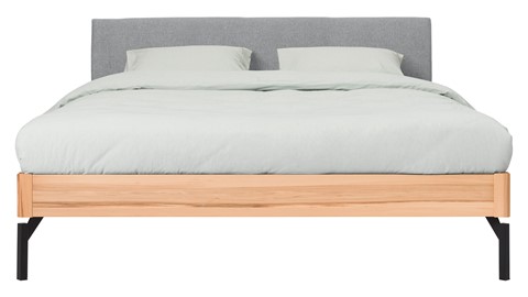 Bed Sky beuken met hoofdbord stof en poot metaal, beuken stof basalt