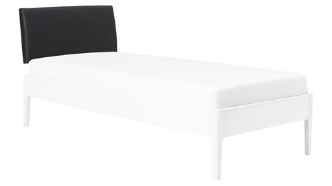 Bed Sky beuken met hoofdbord stof en poot hout, wit lederlook zwart