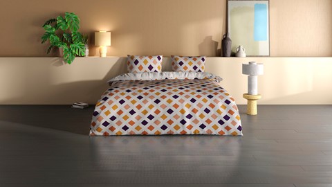 een bed met kussens en een plant ervoor