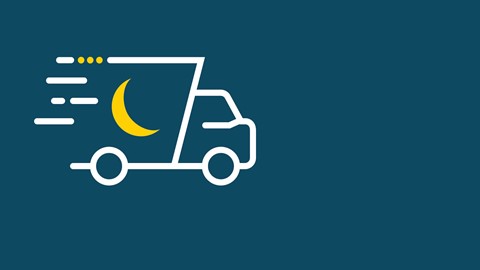 Een witte schets van een vrachtwagen met een halve maan op een blauwe achtergrond