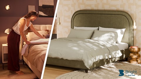 Vrouw staat bij B Bright boxspring