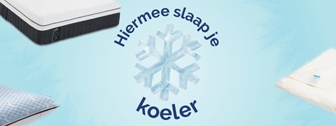 Afbeelding met de tekst 'Hiermee slaap je koeler' met daaromheen slaapproducten