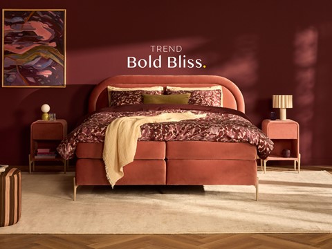 een bed met een rood beddengoed en een wit tapijt