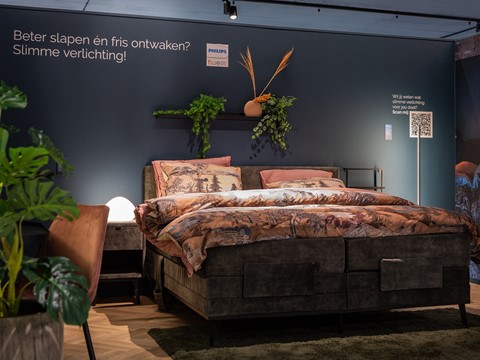 een bed met een bedframe en een plant aan de muur