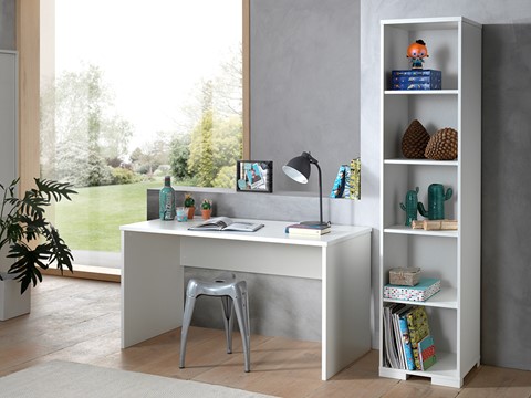 een bureau en planken in een kamer