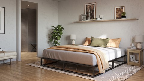 Een bed met een plant aan de muur