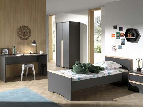 een slaapkamer met een bed en een bureau