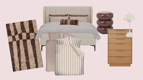 Een bed met kussens en een ladekast