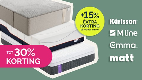 Een stapel matrassen met tekstoverlay