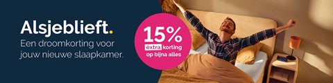 Banner met de tekst 'Alsjeblieft, een droomkorting voor jouw nieuwe slaapkamer' waarbij man uitgerust wakker wordt