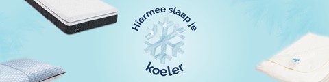 Afbeelding met de tekst 'Hiermee slaap je koeler' met daaromheen slaapproducten