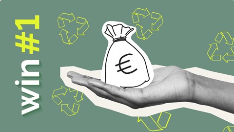 een hand die een papieren zak vasthoudt met een tekening van een euro