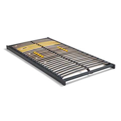 Een metalen frame met gele metalen latten